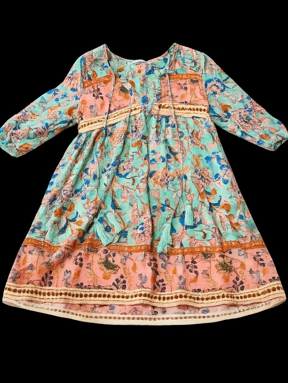 R. Vivimos Floral Boho Babydoll Dress XS Mint Pink Tassel Tie Empire Waist